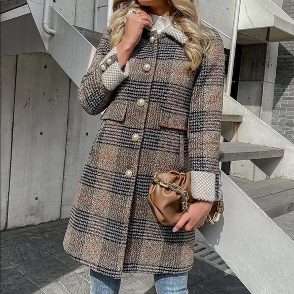 Tweed plaid trench peacoat houndstooth vintage tan - Picture 3 of 14